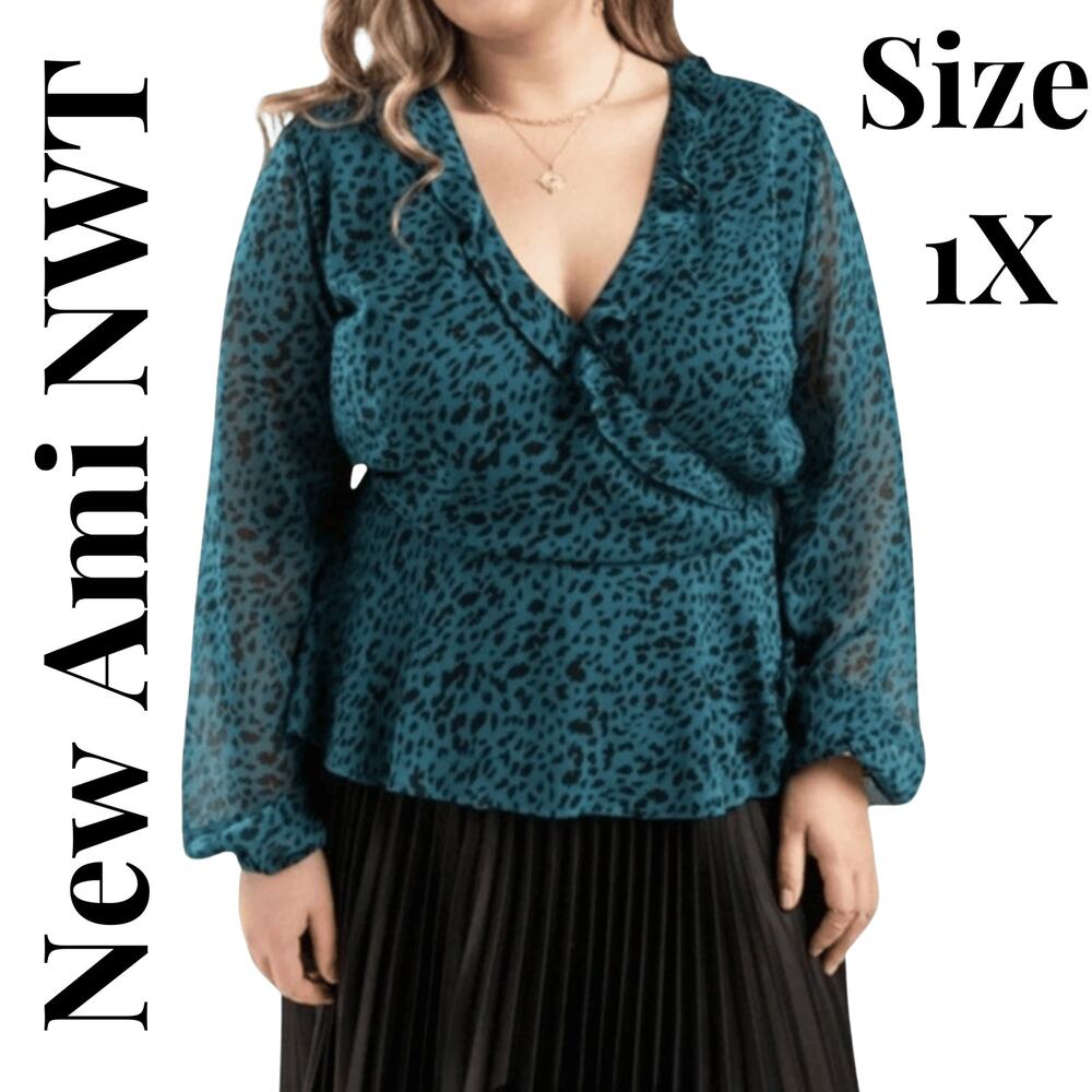 Mi Ami 1X Animal Print Teal Wrap Blouse Silky Crossover